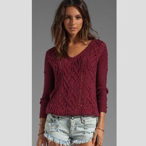 Free People Cross my heart V neck Raw Hem Open Knit Sweater Wine Maroon Size S